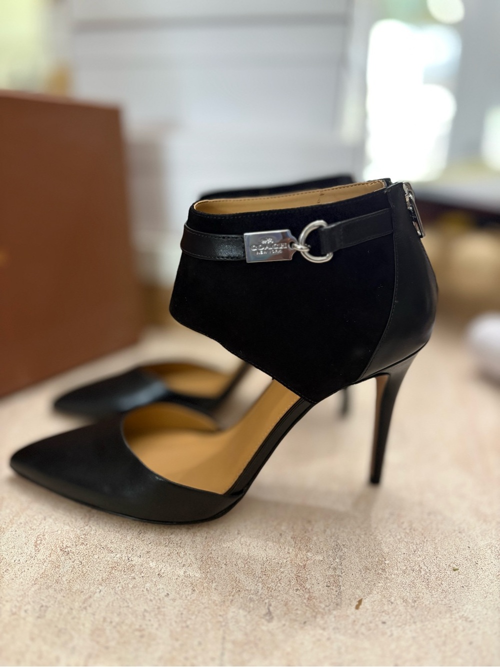 Coach Black Leather & Suede Ankle-Strap Stiletto Pumps